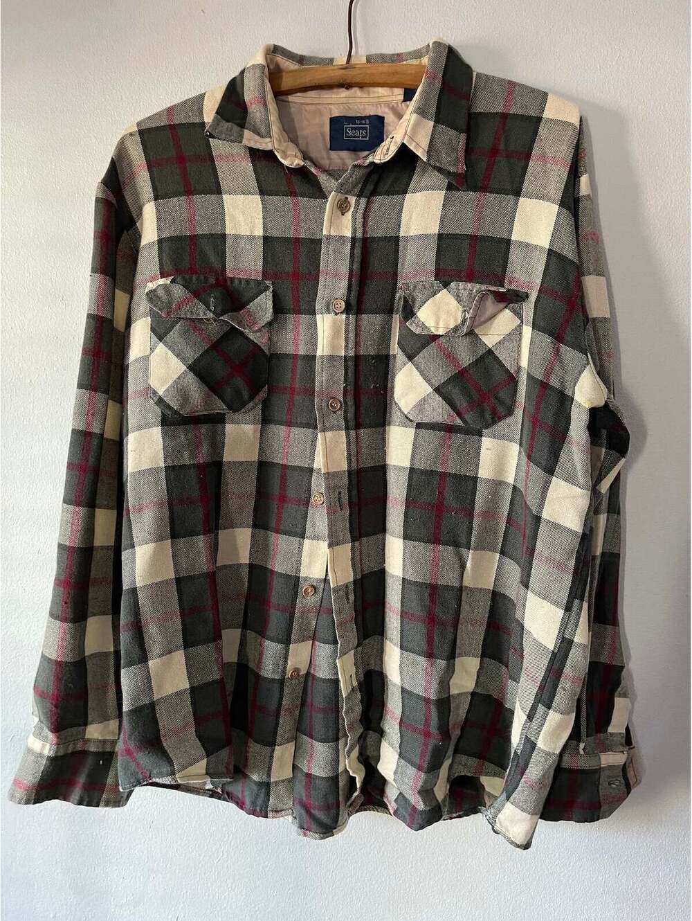 MENS Vintage 80s SEARS Gray & Wine PLAID Shirt Medium to large [COPY]